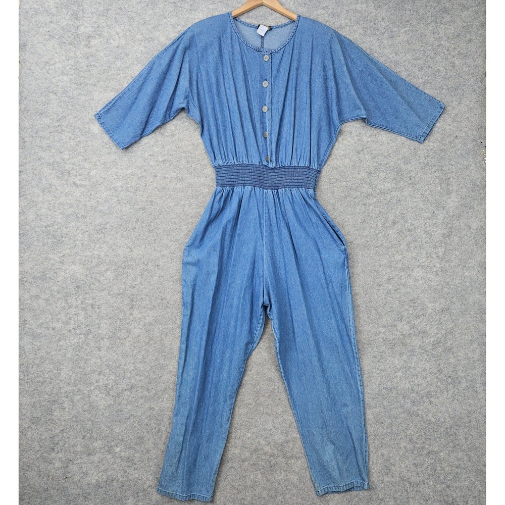 Hunters Run Jumpsuit Women's Blue Size 46 Vintage Denim Smocked 80s Made in USA